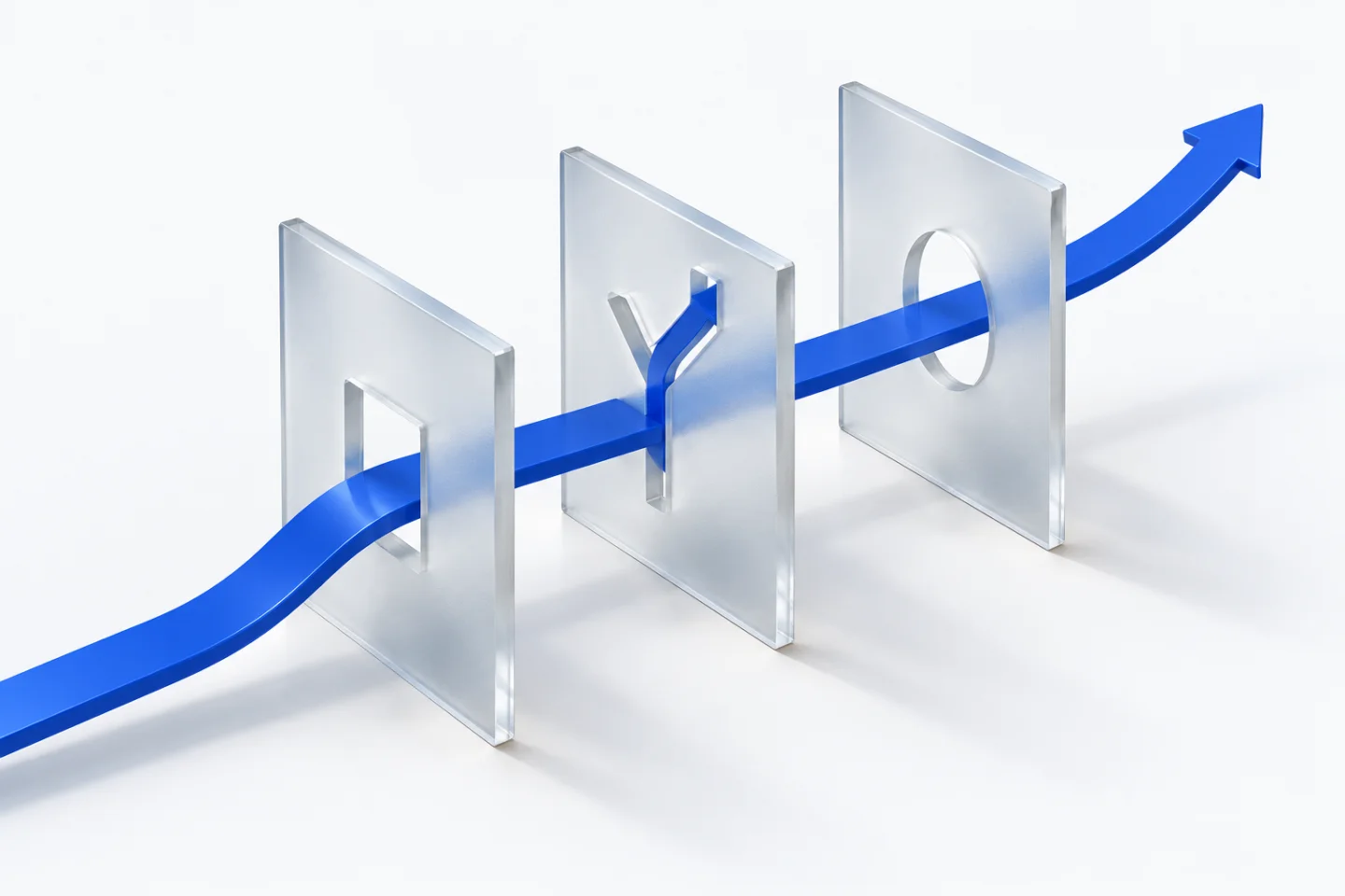 A blue path passes through three differently shaped conditions, illustrating an integration meeting changing external behavior.